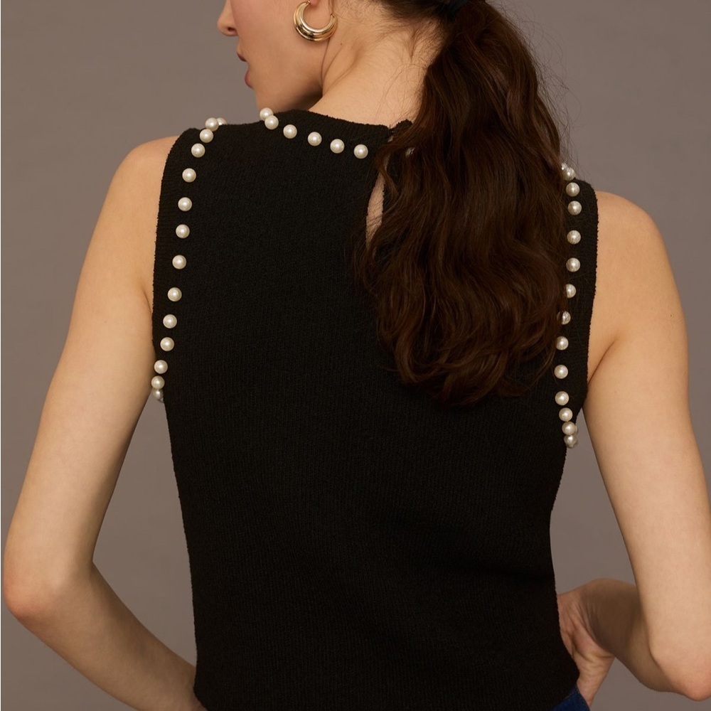 Anthropologie Black Sleeveless Top with Pearl Accents - Picture 2 of 5